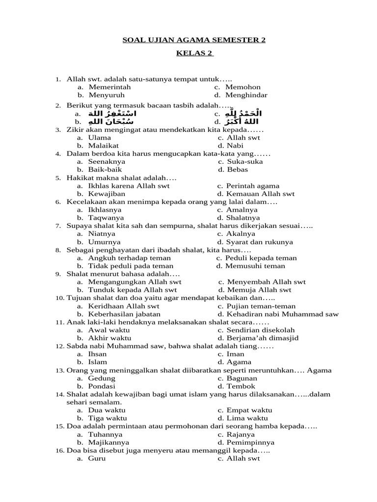 Soal Ujian Agama Kelas 2 Semester 2 PDF