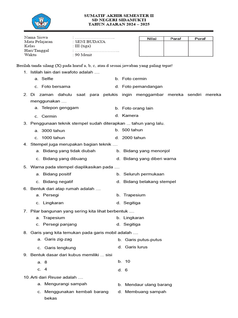 Soal Seni Budaya Kelas 3 SD Semester 2 PDF