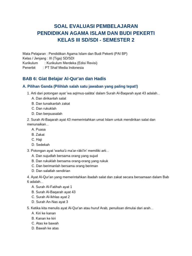 Kumpulan Soal PAI Kelas 3 Bab 6 10 Revisi PDF Kumpulan Soal PAI Kelas 3 Bab 6 10 Revisi PDF