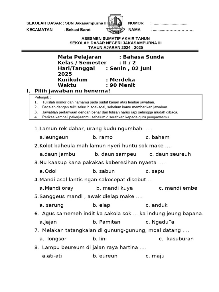 Soal Bahasa Sunda Kelas 2 SD PDF Soal Bahasa Sunda Kelas 2 SD PDF