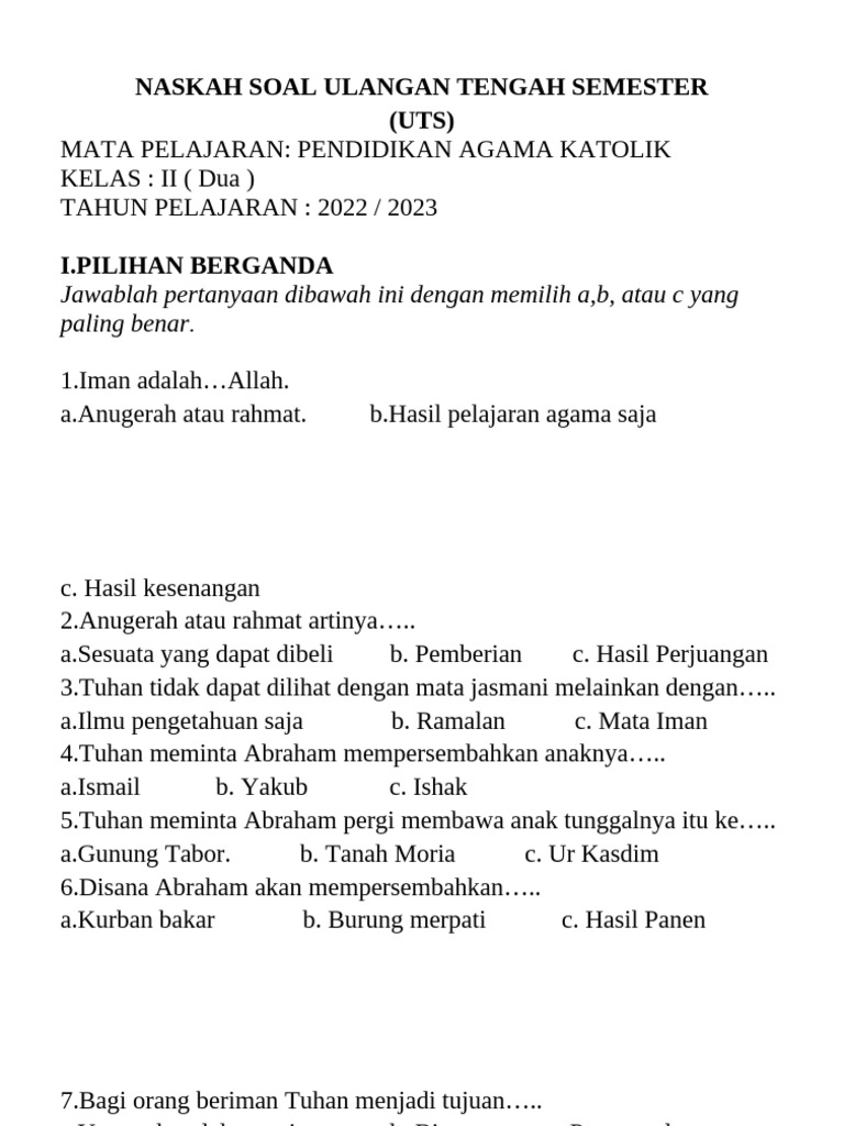 Soal UTS Pendidikan Agama Katolik Kelas II PDF
