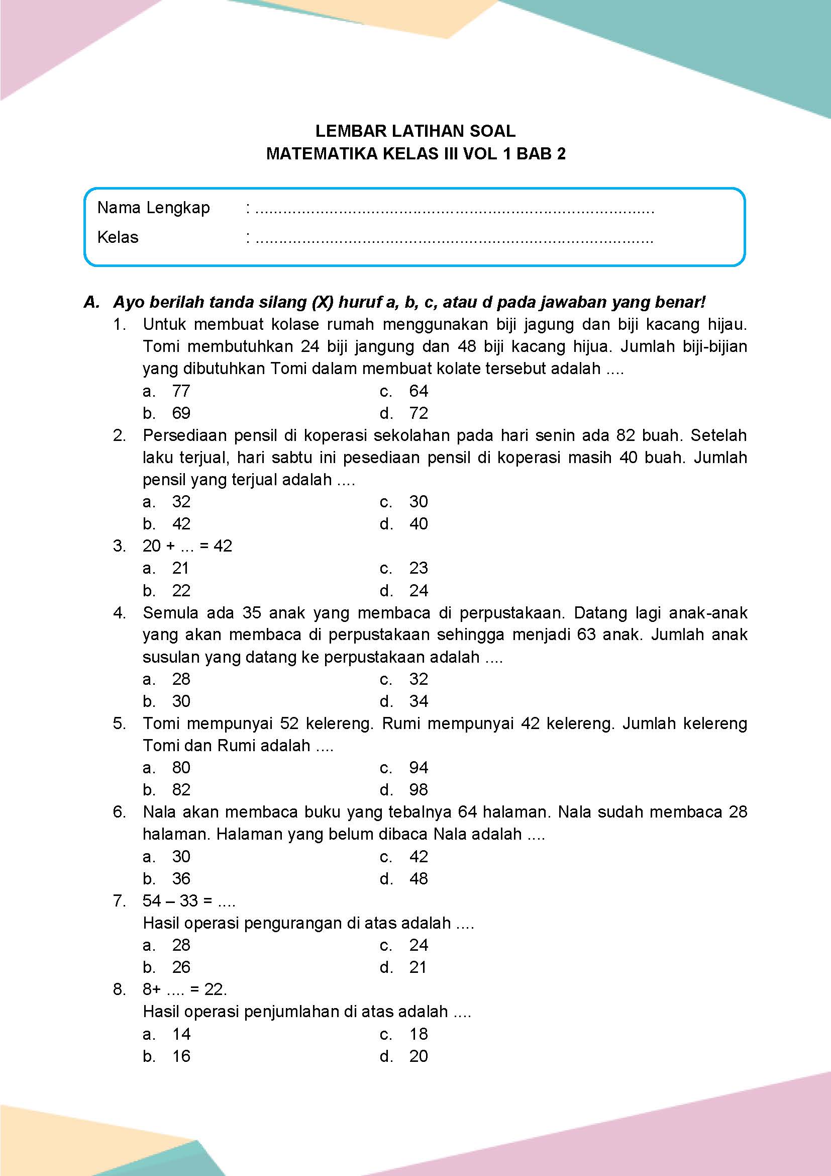 Latihan Soal Matematika Volume 1 Kelas 3 Bab 2 - Daring Nur Hidayah Press