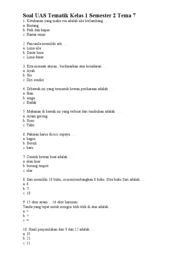 Soal UAS Tema 7 Kelas 1 Semester 2 PDF
