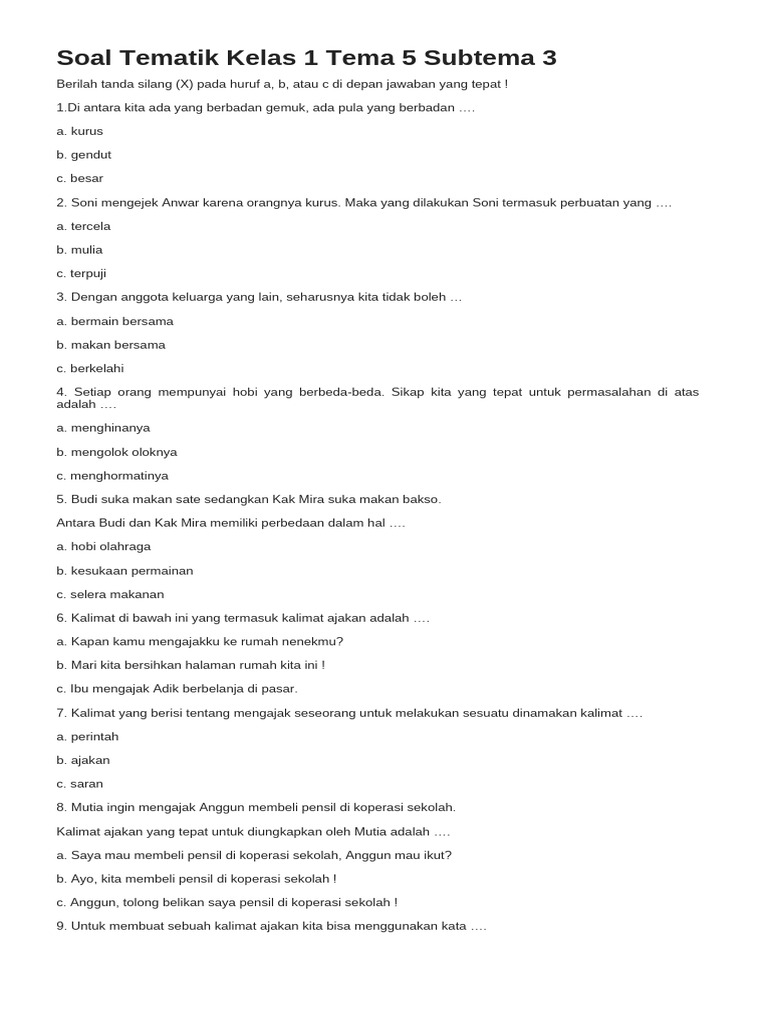 Soal Tematik Kelas 1 Tema 5 Subtema 3 PDF