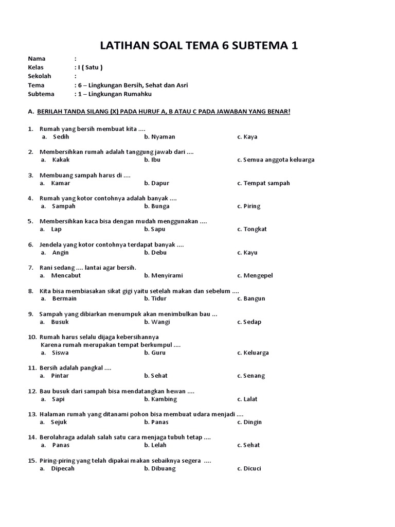 contoh soal tematik tema 6 kelas 1 sd contoh soal tematik tema 6 kelas 1 sd